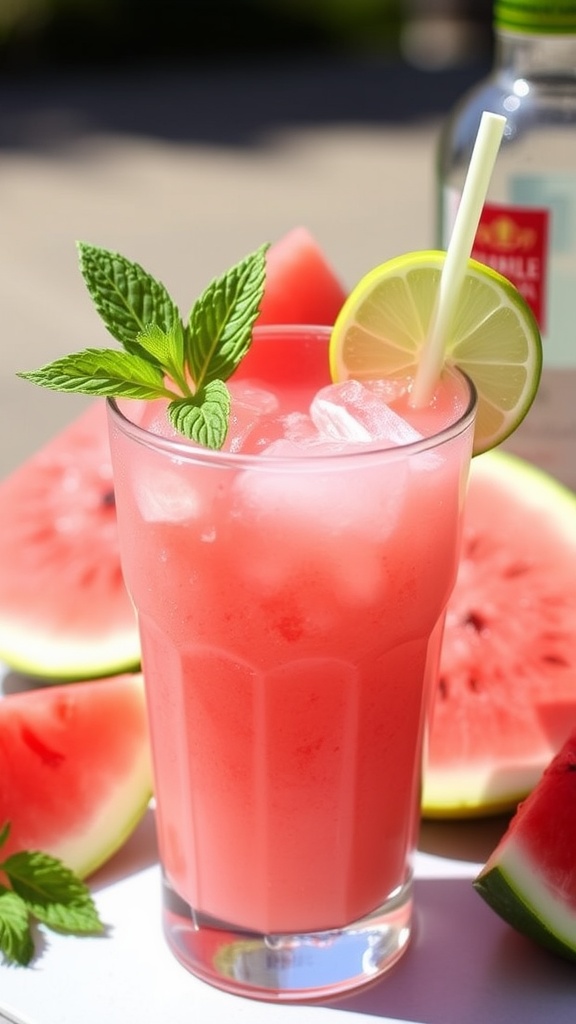 A chilled watermelon tequila slushie in a glass, garnished with mint and lime, with watermelon slices in the background.